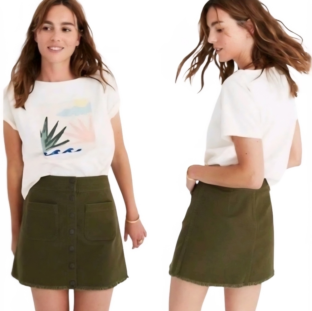 Madewell Olive Green Button Front Raw Hem A-Line Denim Mini Skirt 4
